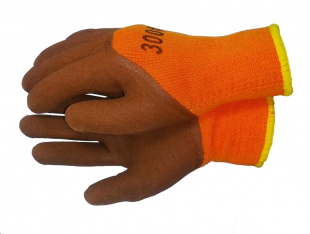 Перчатки акриловые утепленные оранжевые облитые коричневым вспененным латексом # 300, 12/360/Китай Перчатки