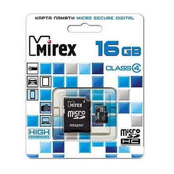 Карты памяти micro SDHC 16Gb Class4 Mirex + adapter (13613-ADTMSD16) — фото, цена, купить