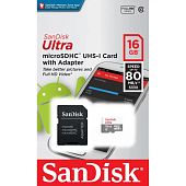 Карты памяти micro SDHC 16GB Class 10 SANDISK SDSQUNS-016G-GN3MN ULTRA 80 W/O ADAPTER — фото, цена, купить