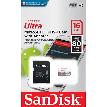 Карты памяти micro SDHC 16GB Class 10 SANDISK SDSQUNS-016G-GN3MN ULTRA 80 W/O ADAPTER — фото, цена, купить