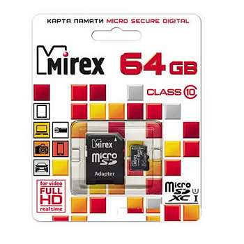 Карты памяти micro SDHC 64GB Class 10 MIREX + adapter UHS-I, U1 (13613-AD10SD64) — фото, цена, купить