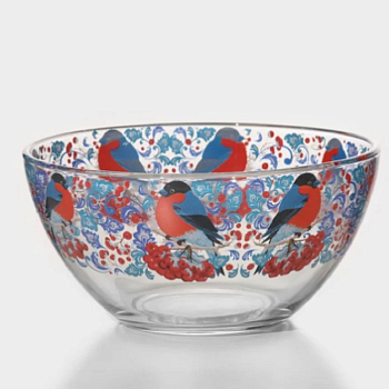 Салатник стеклянный 1шт Снегири на рябине 16см 700мл