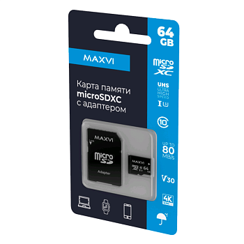 Карты памяти micro SDXC 64GB Maxvi class 10, UHS-I (3), V30 (MSD64GBC10V30) — фото, цена, купить