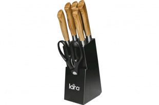 LARA LR05-56 Набор ножей 7 предметов: Подставка (сосна) +5 ножей (Soft touch под дерево) +ножницы