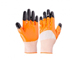 Перчатки нейлоновые с нитриловым покрытием  № 145 (оранжевые с черн. пальчиком) [12/960] Перчатки